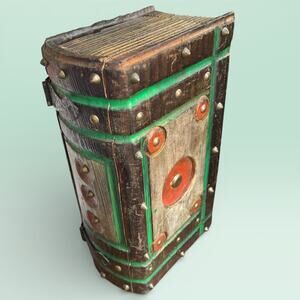 Vtg. Handmade Wood Book Box Hidden Stash Metal Accents Spain Medieval Bookish